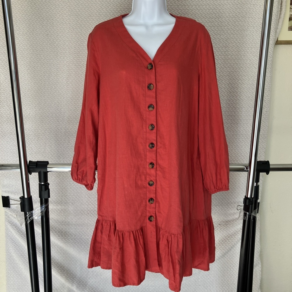 Chelsea & Theodore Dress Large Coral Red Linen Rayon Tiered Coastal Preppy